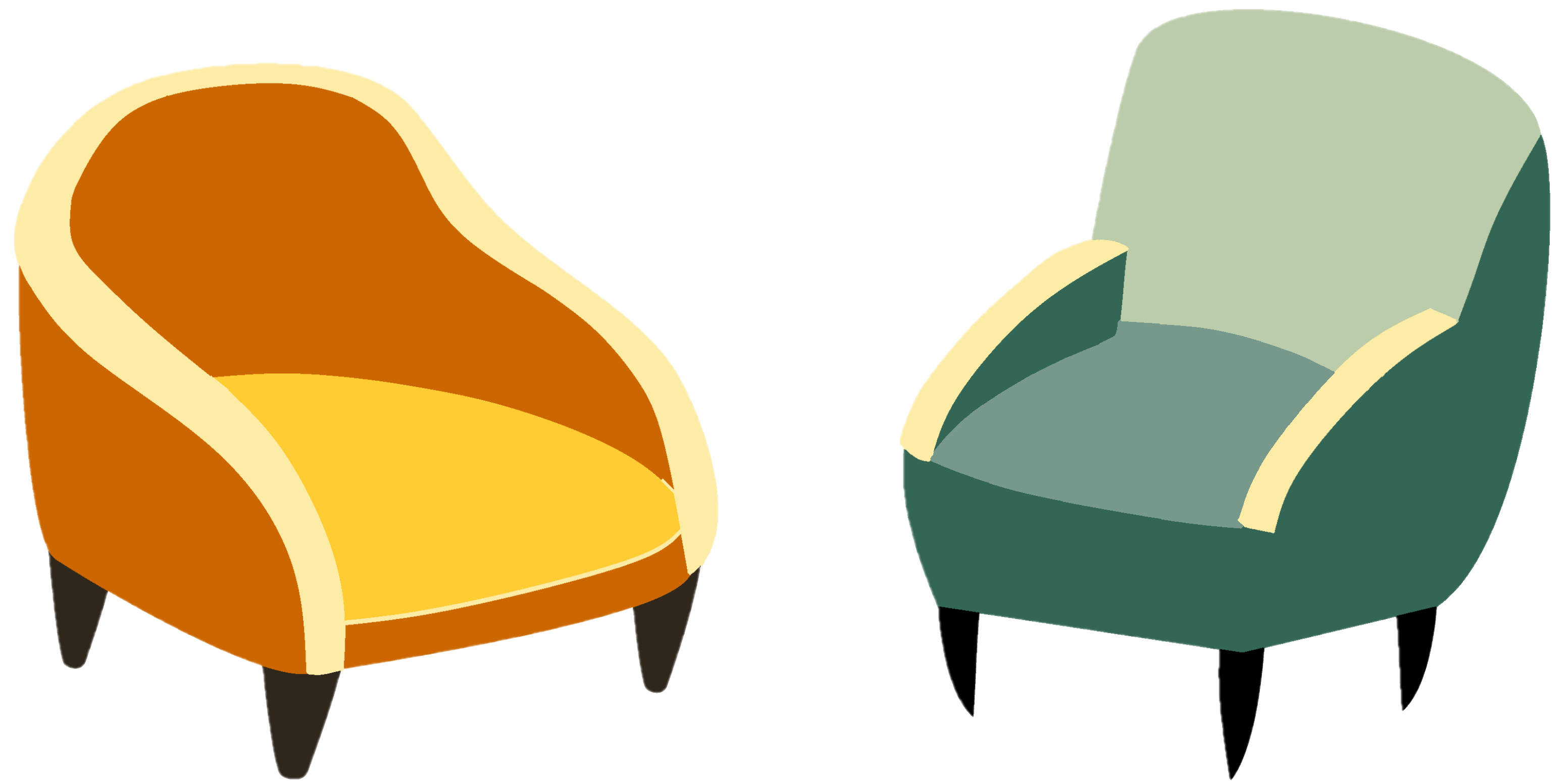 Two cartoon armchairs facing each other, one yellow and the other green.